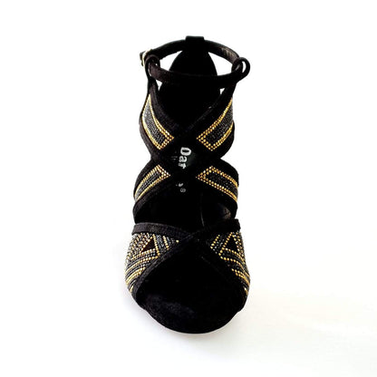 Scarpa donna JULIJA Glam in camoscio nero con miniborchie oro e Swarovski neri, tacco a spillo laminato oro.