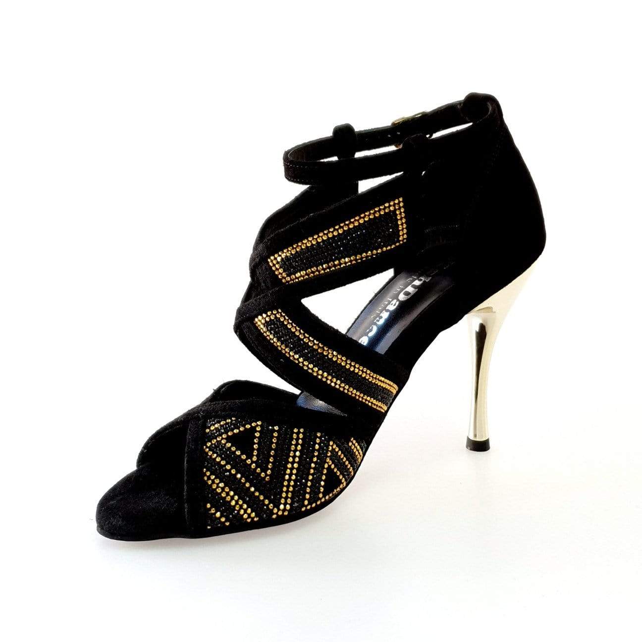Scarpa donna Julija Glam in camoscio nero con miniborchie oro, Swarovski neri e tacco a spillo laminato oro.