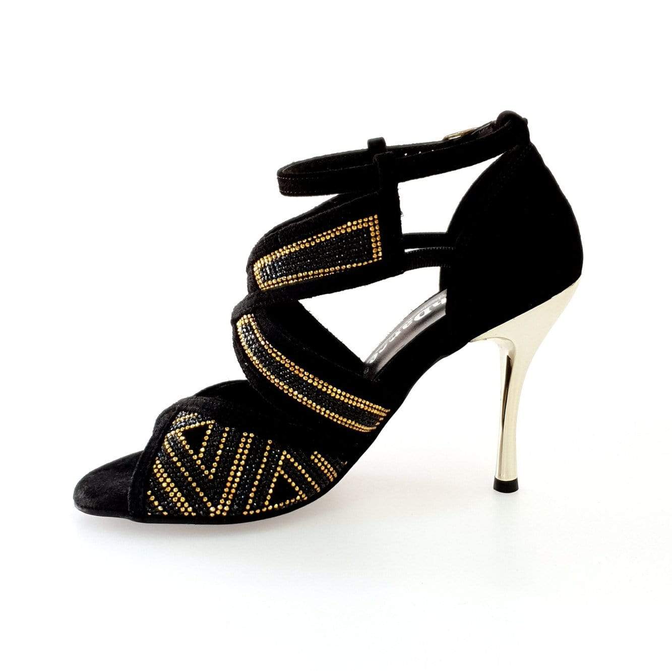 Scarpa da donna JULIJA Glam in camoscio nero con miniborchie oro, Swarovski neri e tacco a spillo laminato oro.