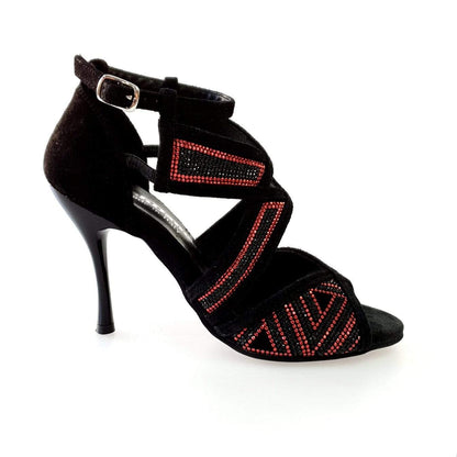 Scarpa da donna Julija Glam in camoscio nero con miniborchie rosse e Swarovski neri, tacco a spillo smaltato nero, elegante e sofisticata