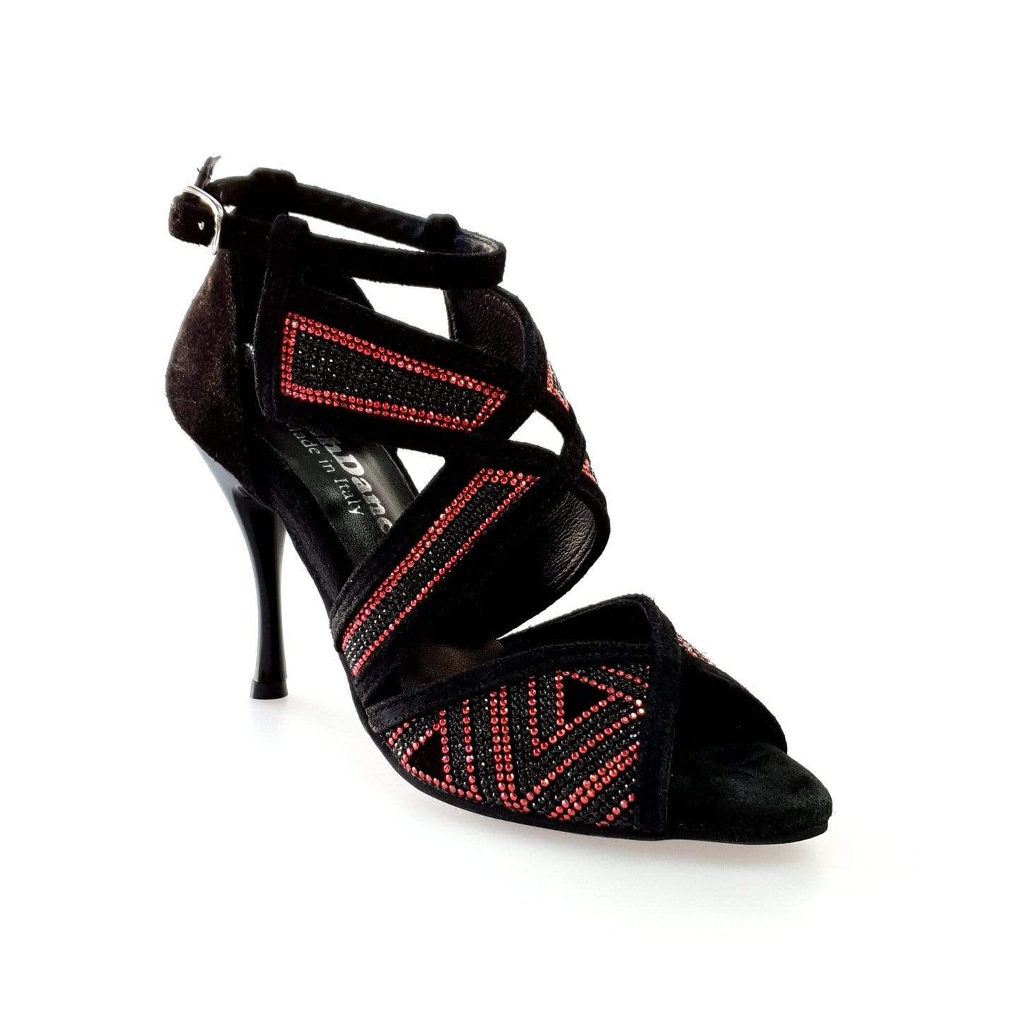 Scarpa da donna Julija Glam in camoscio nero con miniborchie rosse e Swarovski neri, tacco a spillo smaltato nero.