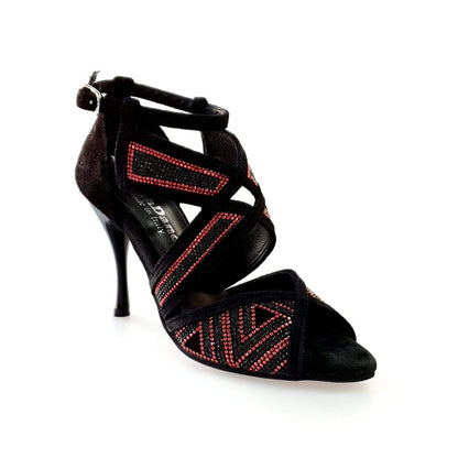 Scarpa da donna Julija Glam in camoscio nero con miniborchie rosse e Swarovski neri, tacco a spillo smaltato nero.
