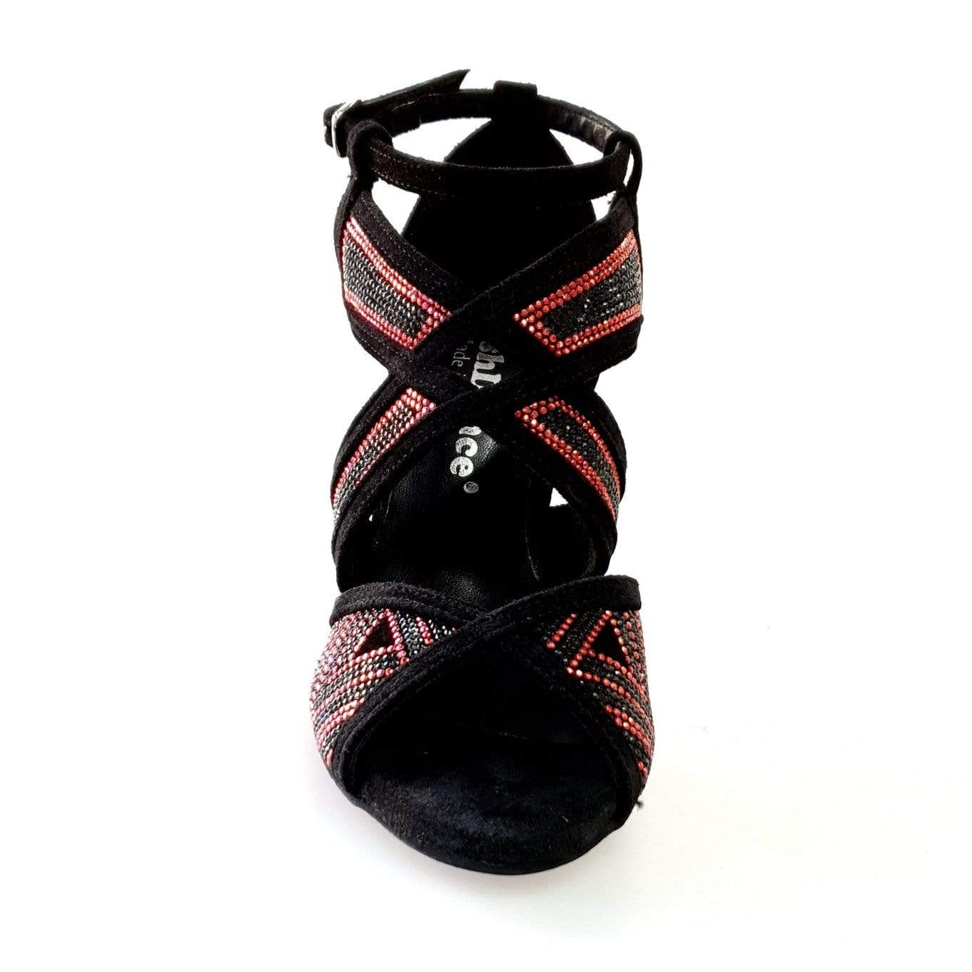 Scarpa da donna JULIJA Glam in camoscio nero con miniborchie rosse e Swarovski neri, tacco a spillo smaltato nero, Wish Dance Shop