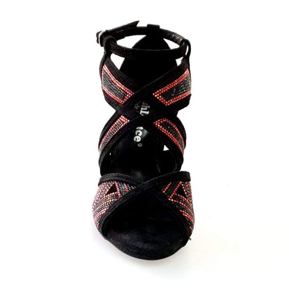 Scarpa da donna JULIJA Glam in camoscio nero con miniborchie rosse e Swarovski neri, tacco a spillo smaltato nero, Wish Dance Shop