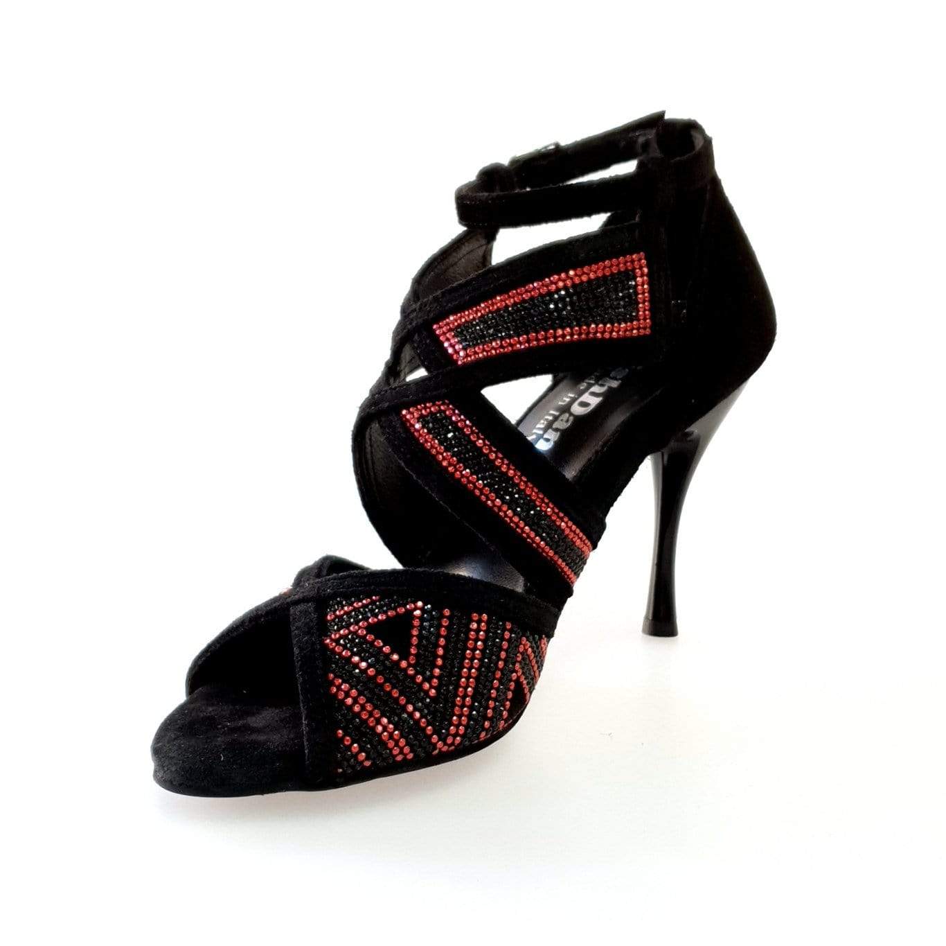 Scarpa da donna JULIJA Glam in camoscio nero con miniborchie rosse e Swarovski neri, tacco a spillo smaltato nero, Wish Dance Shop