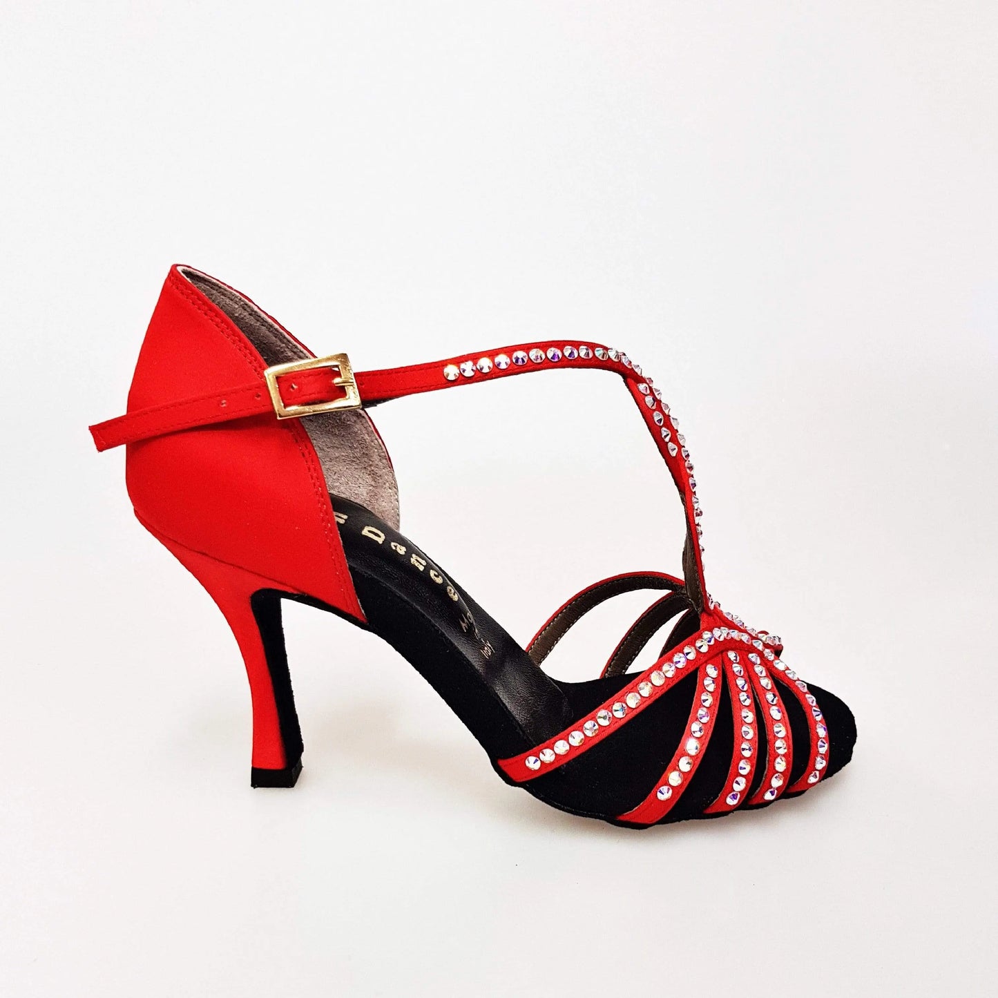 Scarpa da donna Infinity BI-Flex in raso seta rosso con Swarovski parziali, fondo extraflex per competizioni, rivestimento interno in pelle