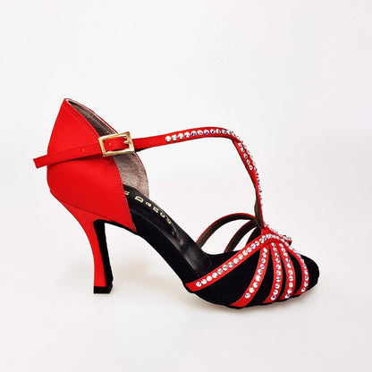 Scarpa da donna Infinity BI-Flex in raso seta rosso con Swarovski parziali, fondo extraflex per competizioni, rivestimento interno in pelle