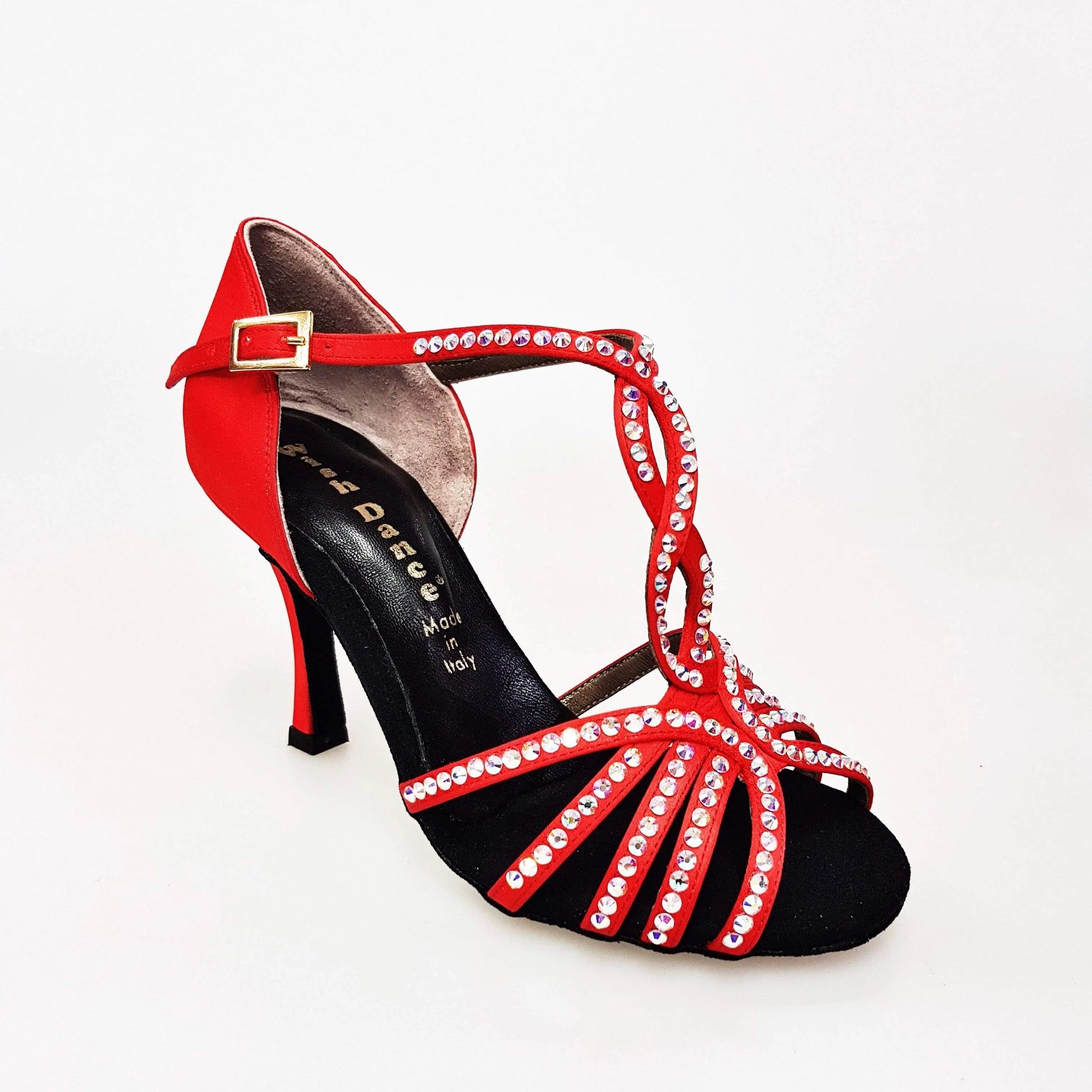 Scarpa da donna Infinity (BI-Flex) in raso seta rosso con Swarovski parziali e suola extraflex per danza.