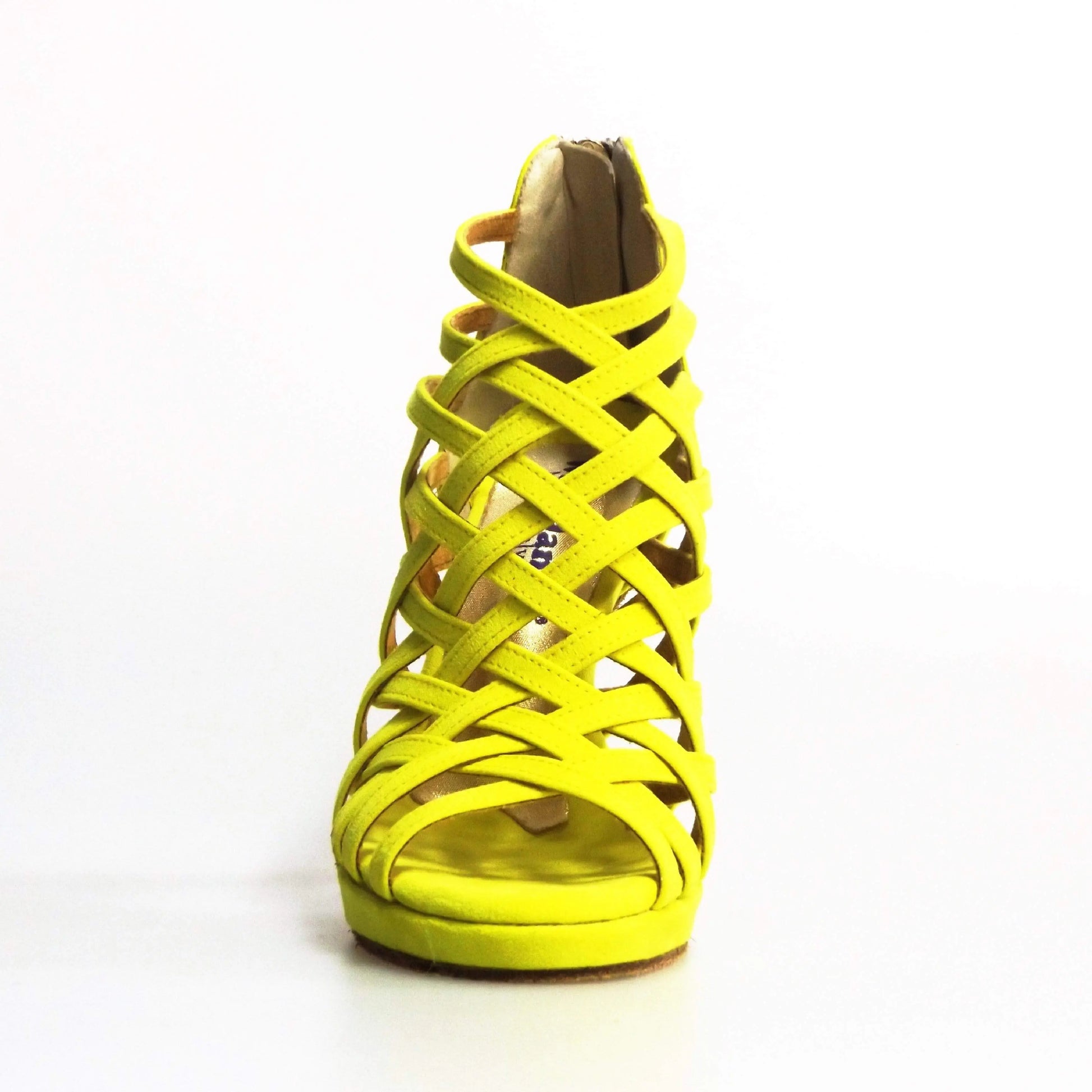 Sandalo da donna Intrigo (780) in camoscio giallo con tacco a spillo e plateau, marca Wish Dance Shop.