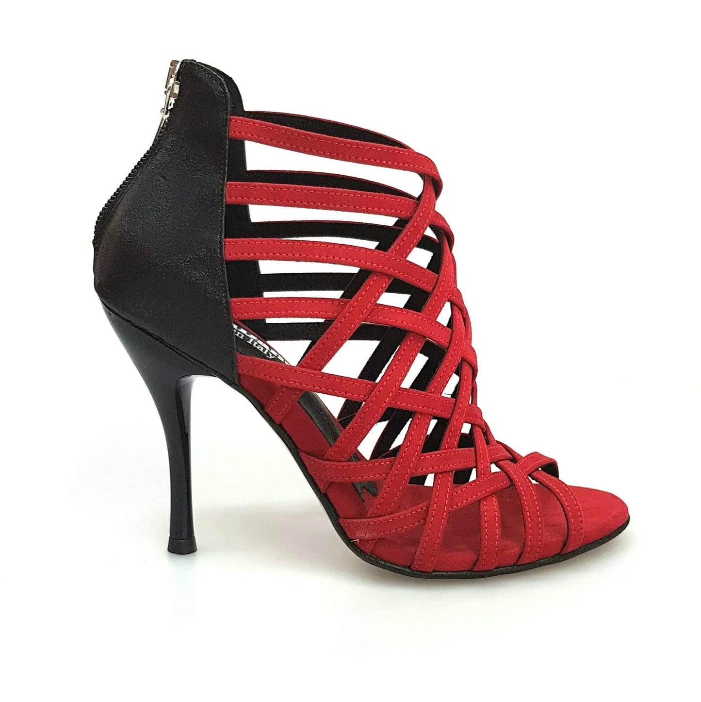 Scarpa da donna Intrigo (780) in camoscio rosso con tallone in lurex nero e tacco slim, di Wish Dance Shop.