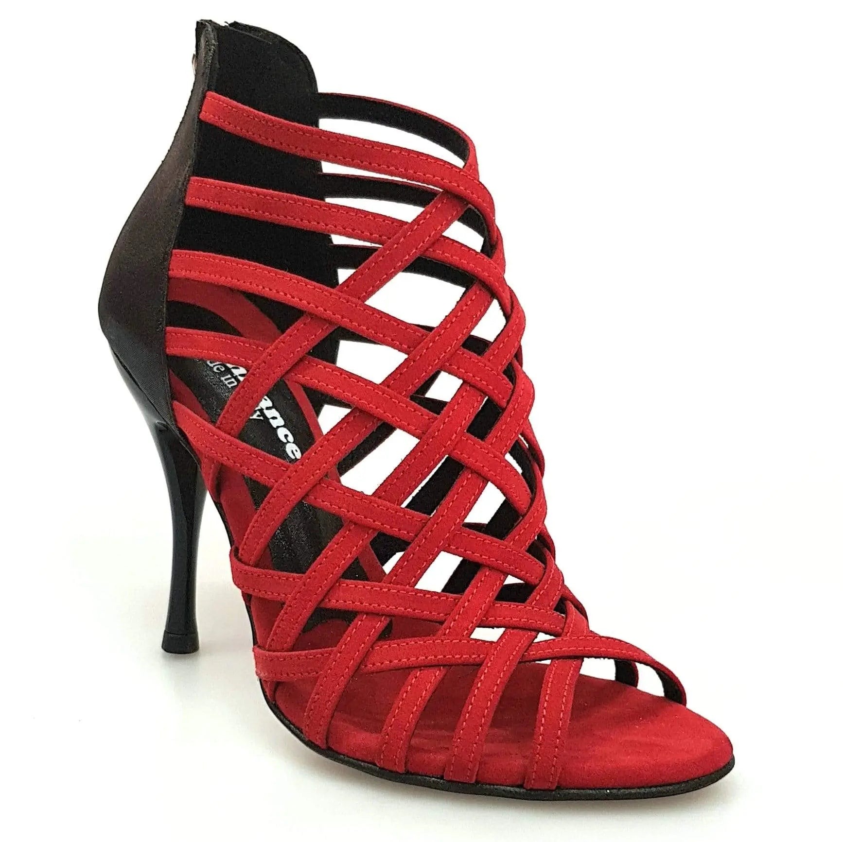 Scarpa da donna Intrigo (780) in camoscio rosso con dettagli in lurex nero e tacco slim, marca Wish Dance Shop