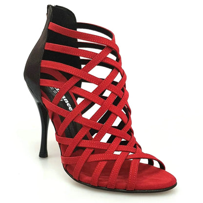 Scarpa da donna Intrigo (780) in camoscio rosso con dettagli in lurex nero e tacco slim, marca Wish Dance Shop