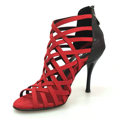 Scarpa da donna Intrigo (780) in camoscio rosso con tallone in lurex nero e tacco slim, di Wish Dance Shop.
