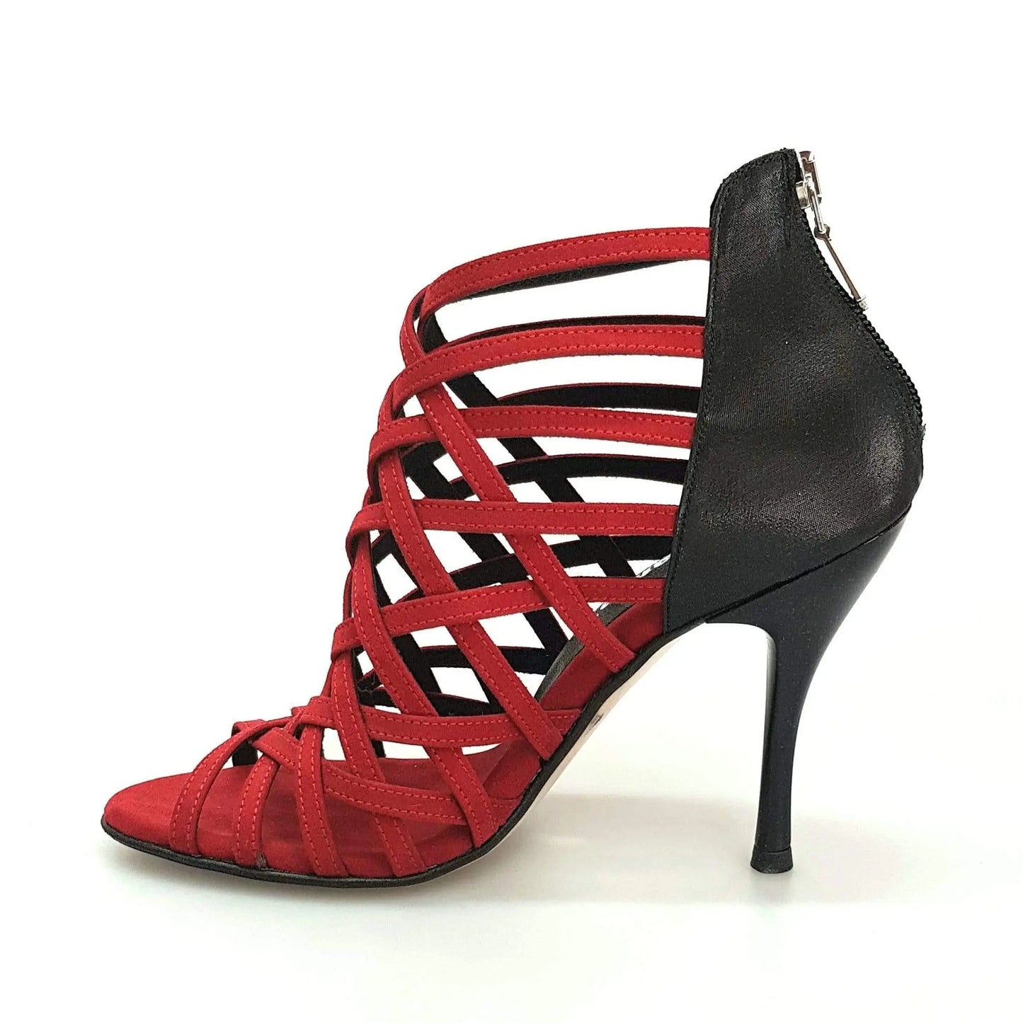 Scarpa da donna Intrigo (780) in camoscio rosso con dettagli in lurex nero e tacco slim, marca Wish Dance Shop.