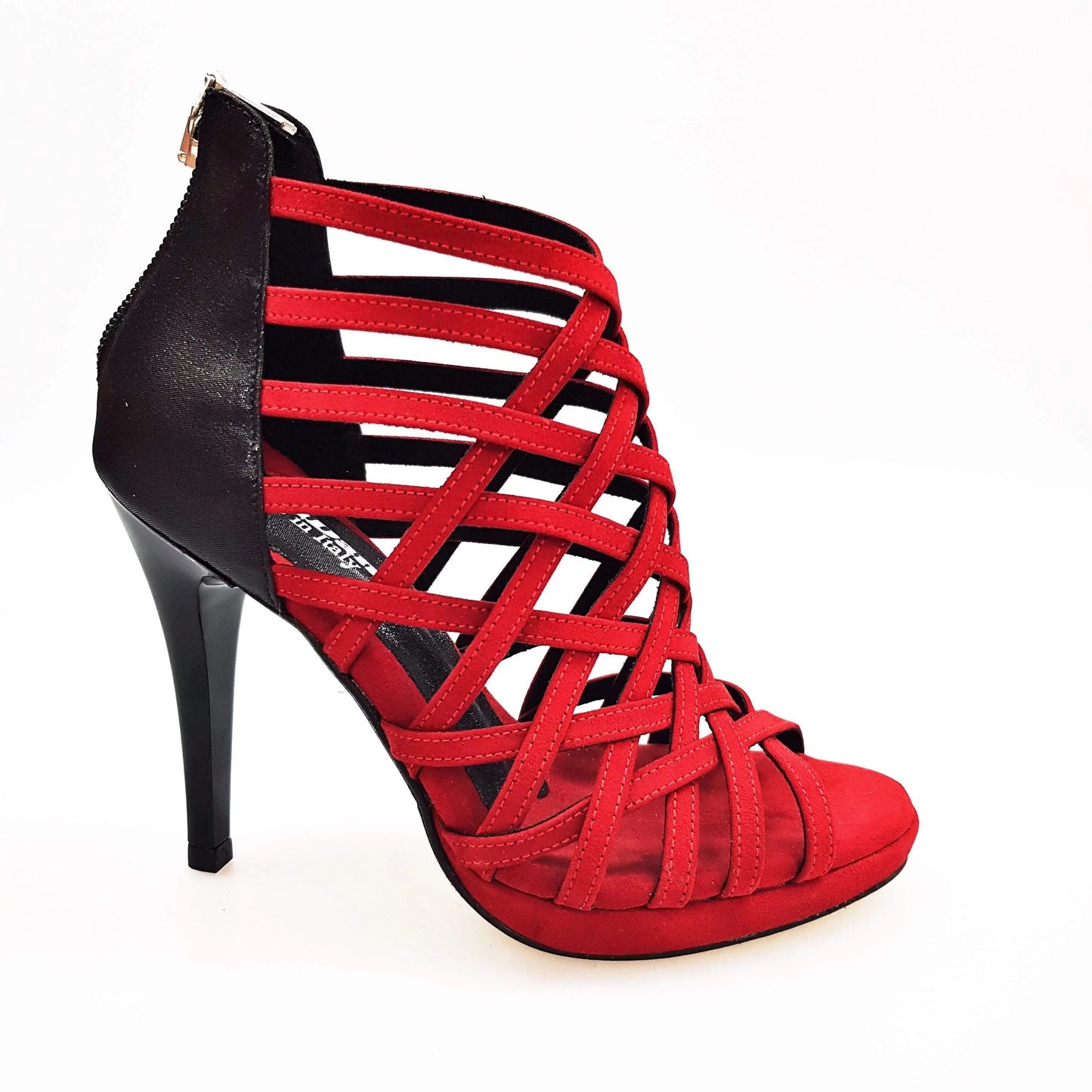 Scarpa donna Intrigo Wish Dance Shop in camoscio rosso e lurex nero con tacco a spillo e plateau, dettagli eleganti e raffinati