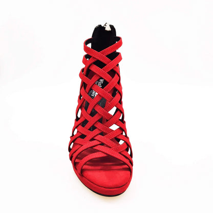 Scarpa da donna Intrigo Wish Dance Shop in camoscio rosso e lurex nero con tacco a spillo e plateau, dettagli eleganti e sofisticati.