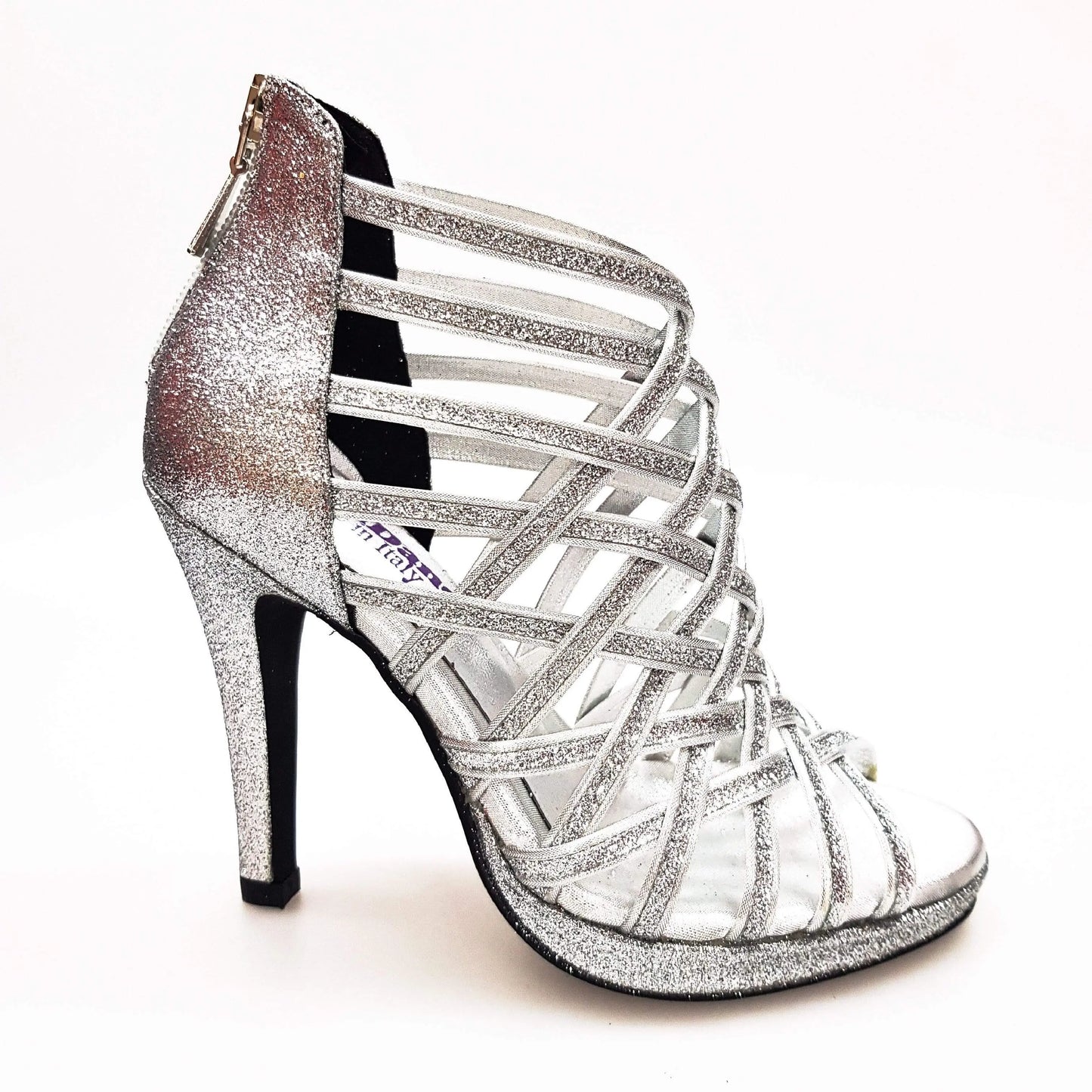 Scarpa da donna INTRIGO 780 Wish Dance Shop in glitter argento con tacco alto a spillo e plateau rivestito in glitter.
