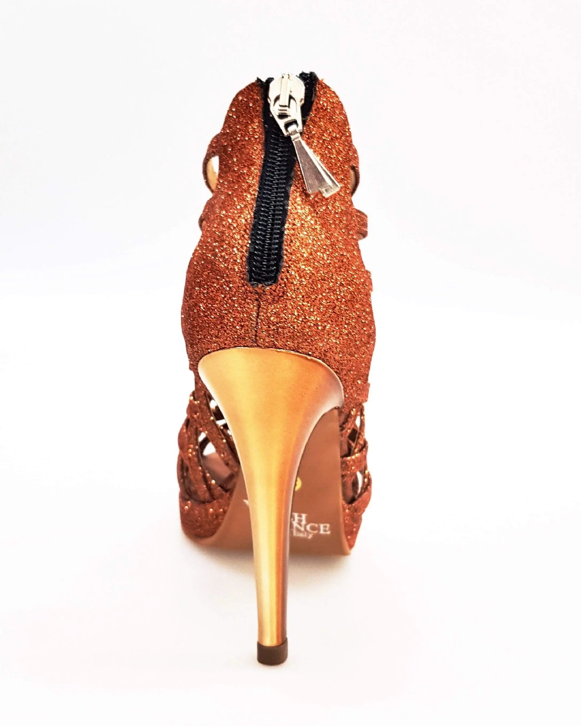 Scarpa da donna Intrigo in glitter bronzo con tacco alto a spillo e plateau laminato oro ramato, elegante e alla moda.