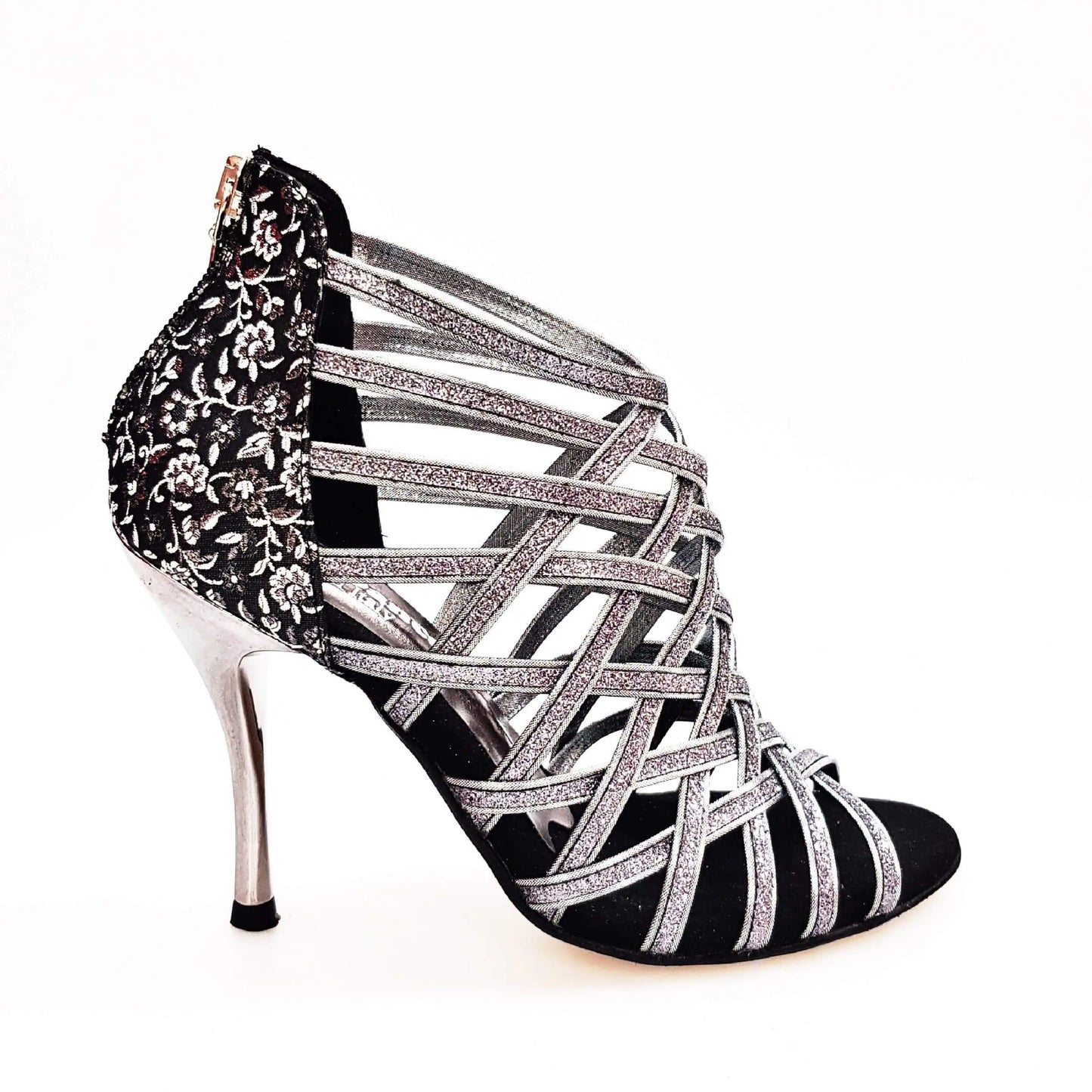 Scarpa da donna Intrigo (780) Wish Dance in glitter carbone con tallone ricamato fiorato argento e tacco slim.