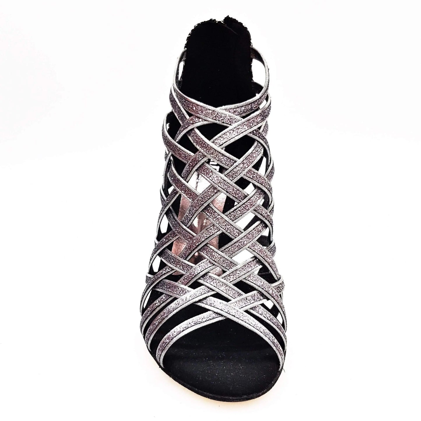 Scarpa da donna Intrigo (780) Wish Dance in glitter carbon con tallone ricamato fiorato argentato e tacco slim.