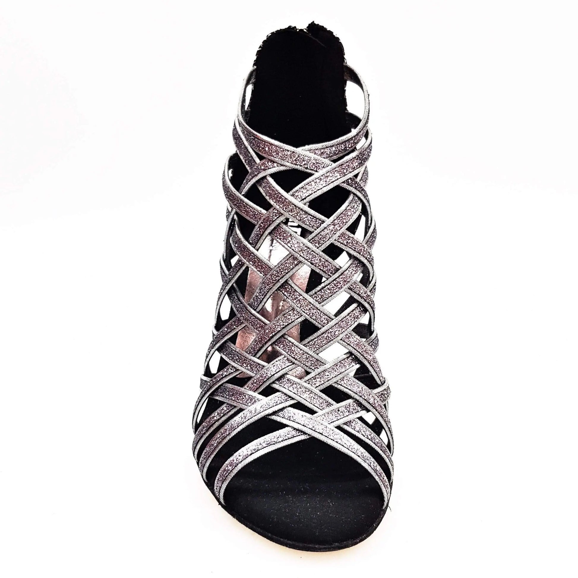 Scarpa da donna Intrigo (780) Wish Dance in glitter carbon con tallone ricamato fiorato argentato e tacco slim.