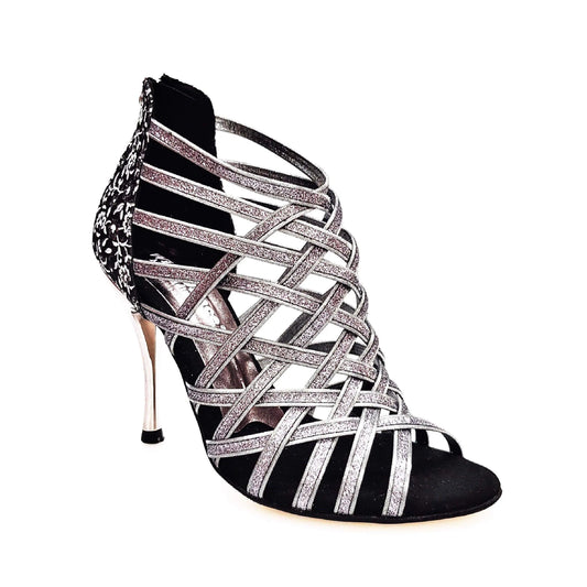 Scarpa da donna Intrigo 780 Wish Dance in glitter carbon con tallone ricamato fiorato argentato e tacco slim.
