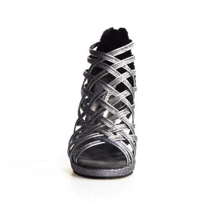 Scarpa da donna Intrigo (780) Wish Dance Shop in glitter carbon con tallone fiorato argento, tacco alto a spillo e plateau