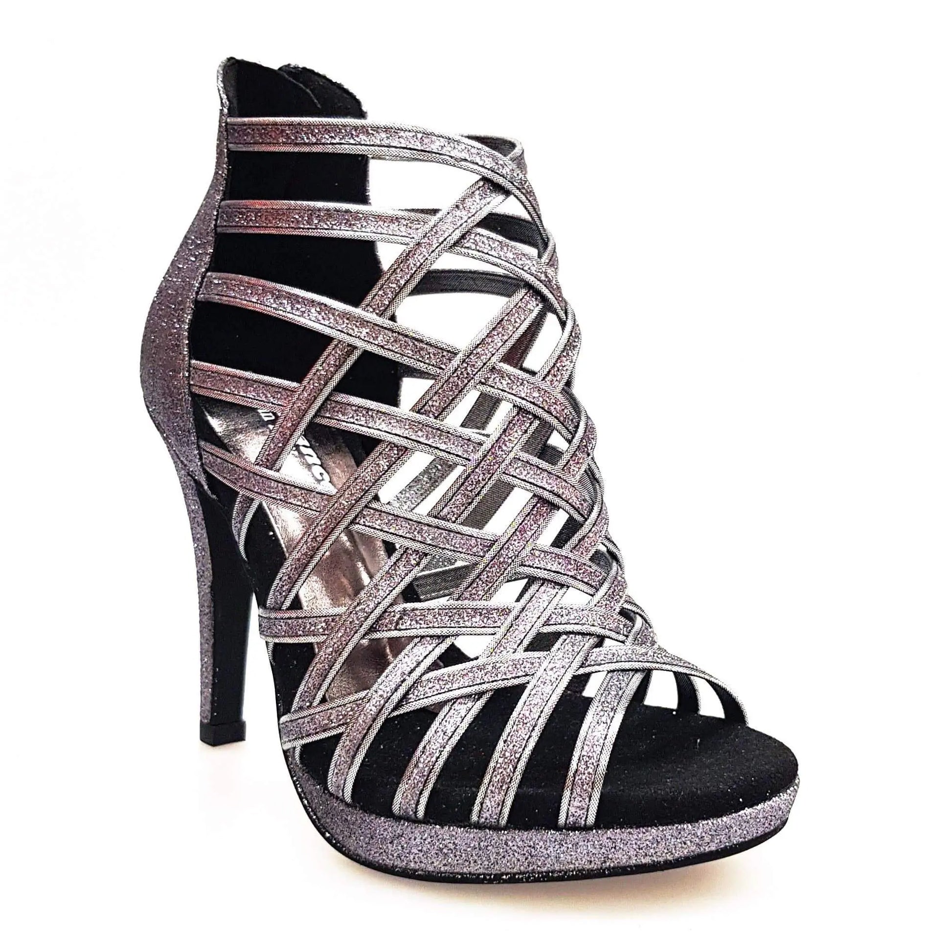 Scarpa da donna Intrigo in glitter carbon di Wish Dance Shop con tacco a spillo e plateau, elegante e brillante.