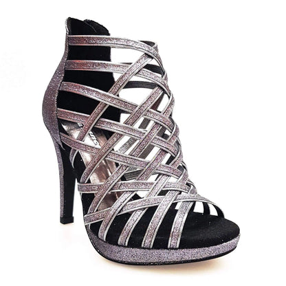 Scarpa da donna Intrigo in glitter carbon di Wish Dance Shop con tacco a spillo e plateau, elegante e brillante.