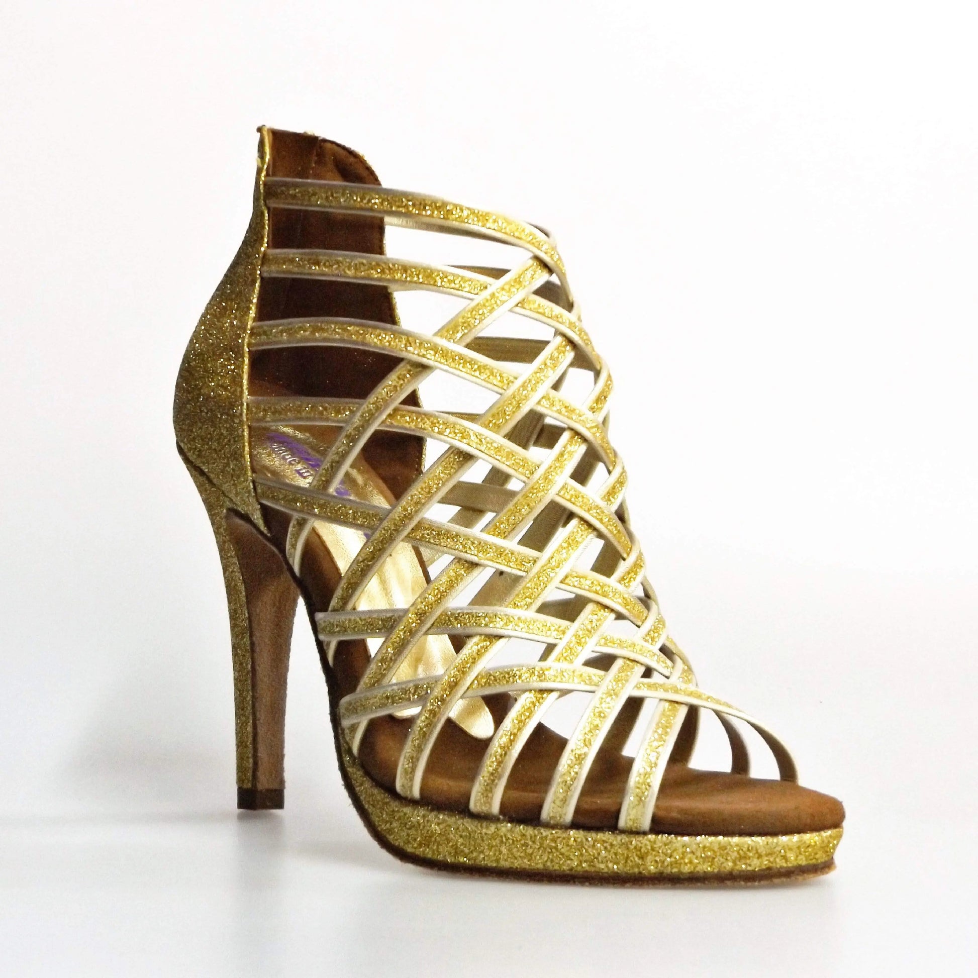 Sandalo da donna Wish Dance Shop Intrigo 780 in glitter oro con tacco a spillo e plateau, dettaglio elegante e brillante