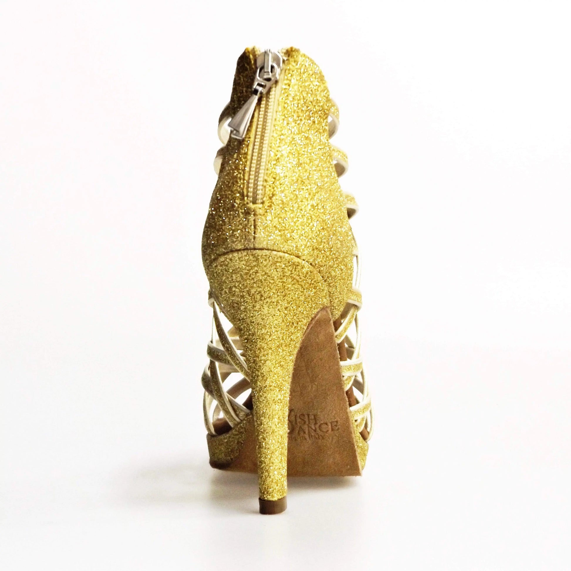 Sandalo da donna Intrigo (780) di Wish Dance Shop in glitter oro con tacco a spillo e plateau, dettagli eleganti e scintillanti
