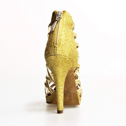 Sandalo da donna Intrigo (780) di Wish Dance Shop in glitter oro con tacco a spillo e plateau, dettagli eleganti e scintillanti