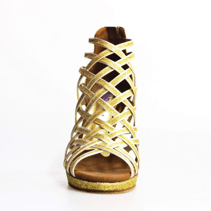 Sandalo da donna Intrigo in glitter oro di Wish Dance Shop con tacco a spillo e plateau, scarpa elegante e scintillante