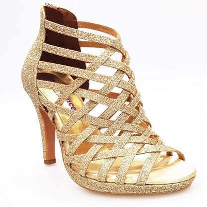 Scarpa da donna Intrigo (780) Wish Dance Shop in glitter platino con tacco a spillo e plateau, dettaglio elegante.