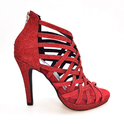Scarpa da donna Intrigo in glitter rosso con tacco alto a spillo largo e plateau flessibile, Wish Dance Shop