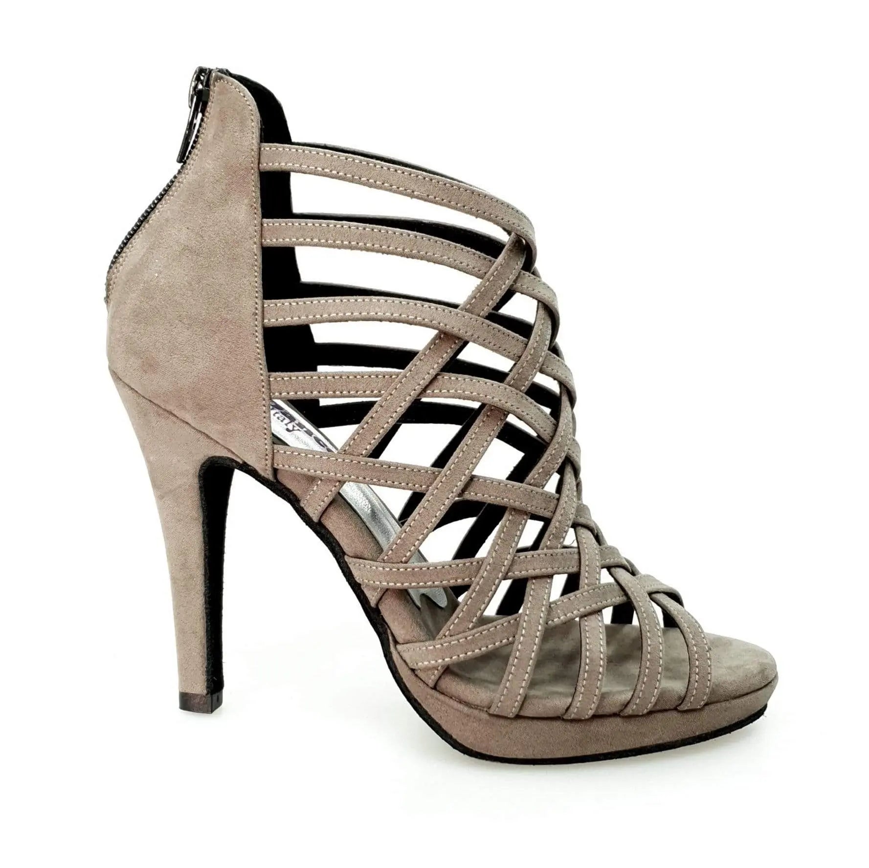 Scarpa da donna Intrigo (780) in camoscio grigio tortora con tacco a spillo largo e plateau, di Wish Dance Shop.