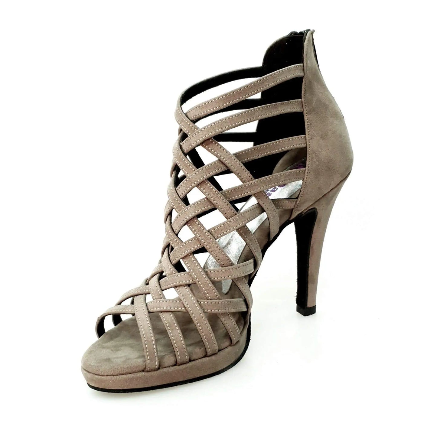 Scarpa donna Wish Dance Shop Intrigo in camoscio grigio tortora con tacco a spillo largo e plateau, dettaglio elegante.