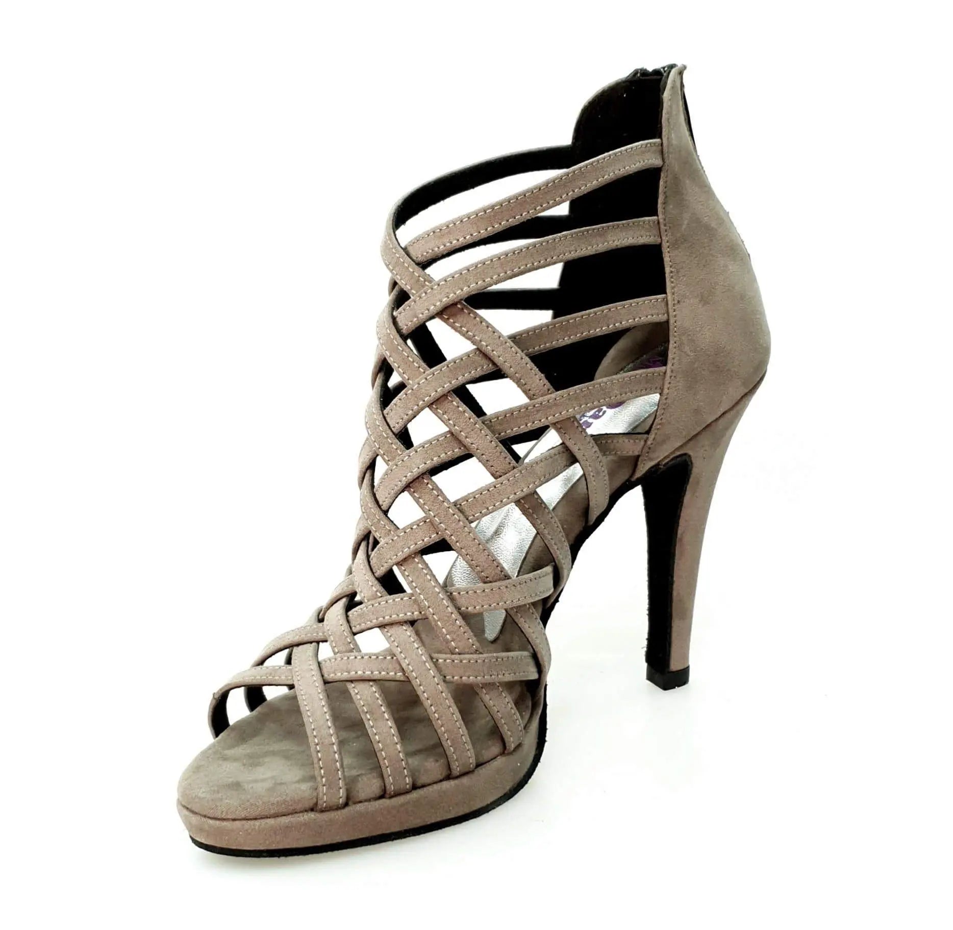 Scarpa donna Wish Dance Shop Intrigo in camoscio grigio tortora con tacco a spillo largo e plateau, dettaglio elegante.