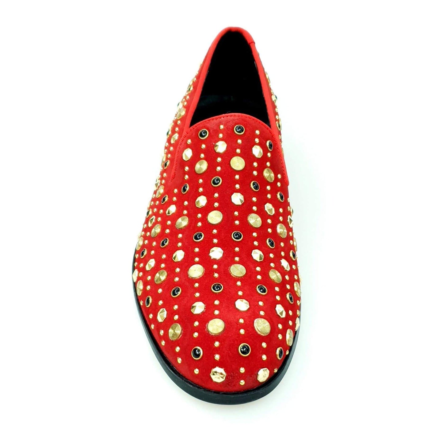 Mocassino Jack Sparrow in camoscio rosso con borchie oro e Swarovski neri, fondo in cuoio premium, scarpa da uomo Wish Dance Shop