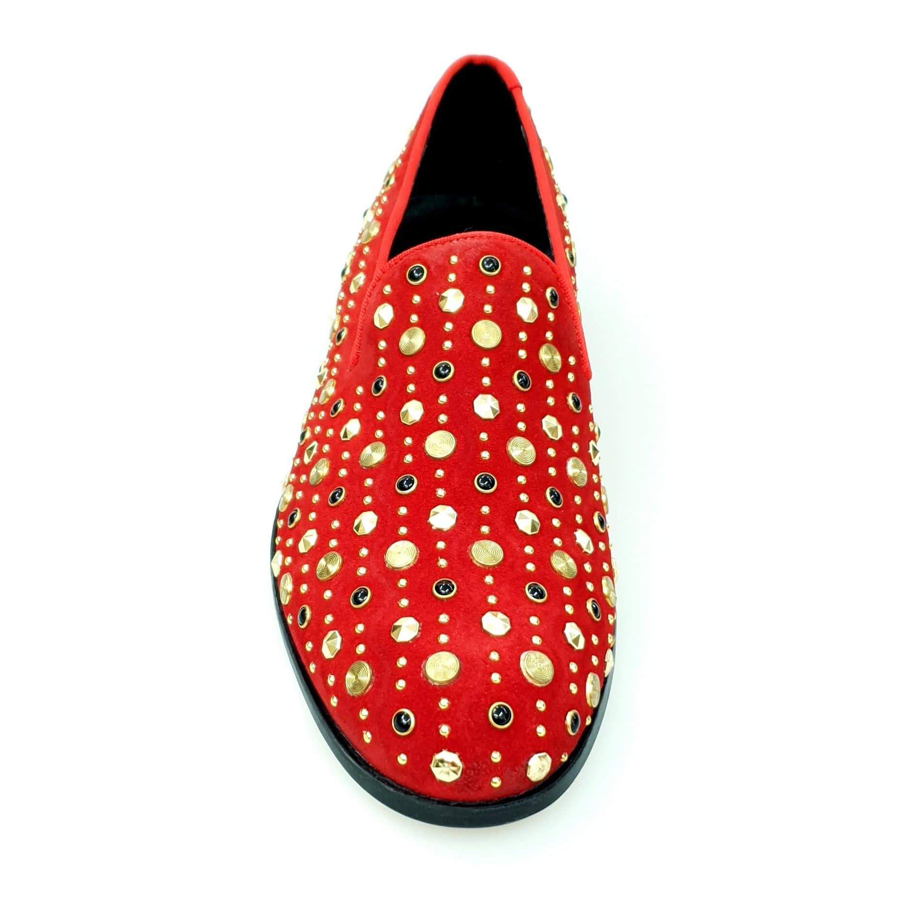 Mocassino Jack Sparrow in camoscio rosso con borchie oro e Swarovski neri, fondo in cuoio premium, scarpa da uomo Wish Dance Shop