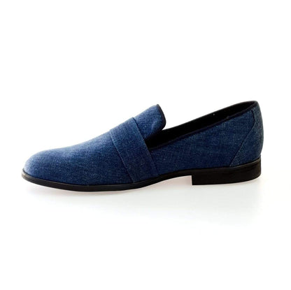 Mocassino da uomo Jackson in tessuto jeans blu, con fodera in vera pelle italiana, scarpa Wish Dance Shop.