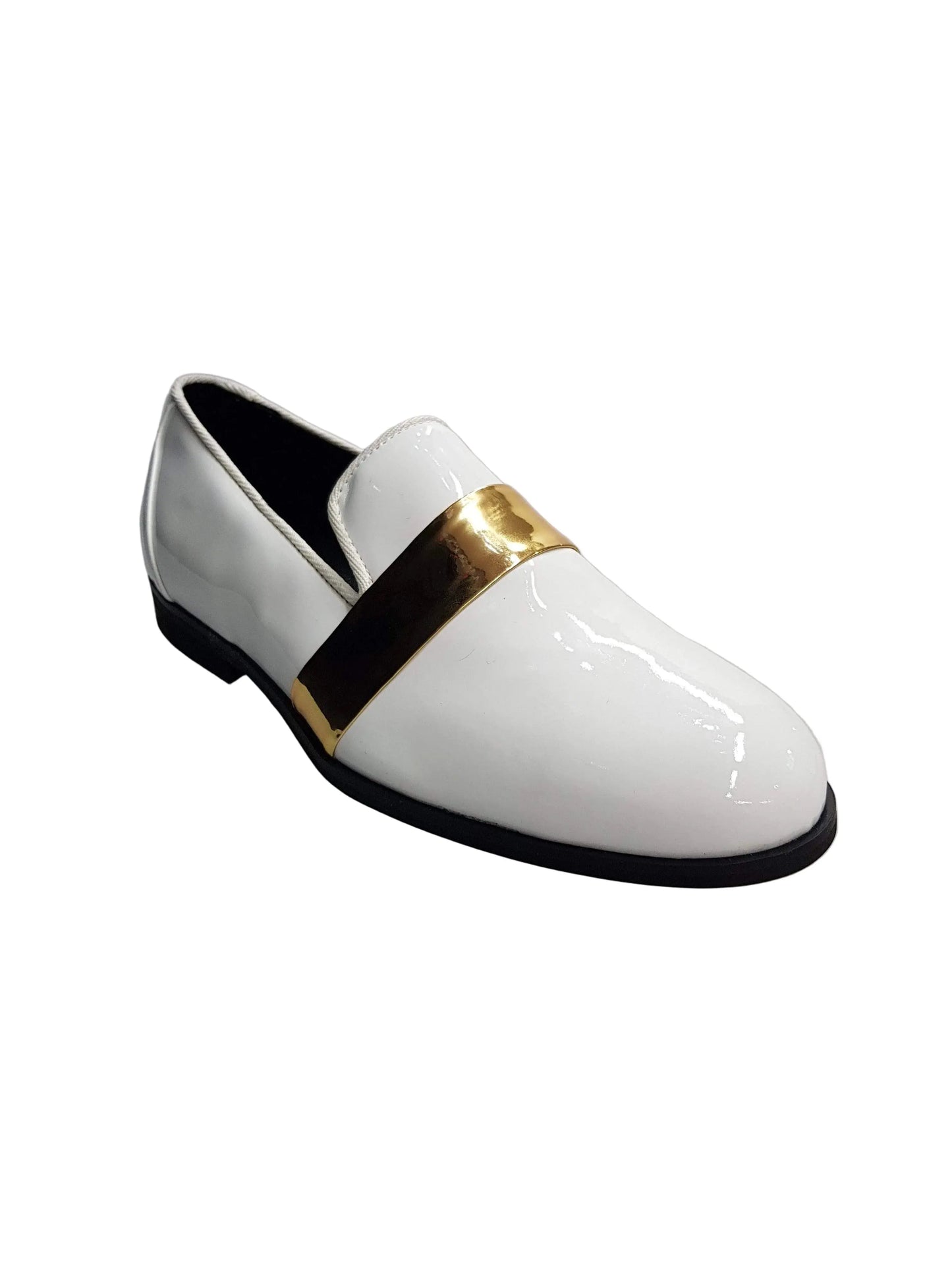 Mocassino in vernice bianca con fascia oro e fodera in vera pelle italiana, scarpa elegante da donna.