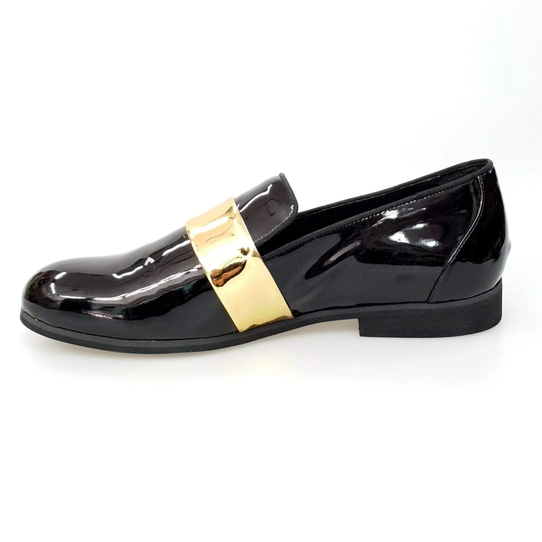 Mocassino uomo in pelle nera lucida con fascia oro, scarpa elegante in stile moccasino Wish Dance Shop.