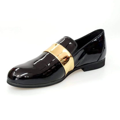 Mocassino uomo in pelle nera lucida con fascia oro, scarpa elegante in stile moccasino da Wish Dance Shop