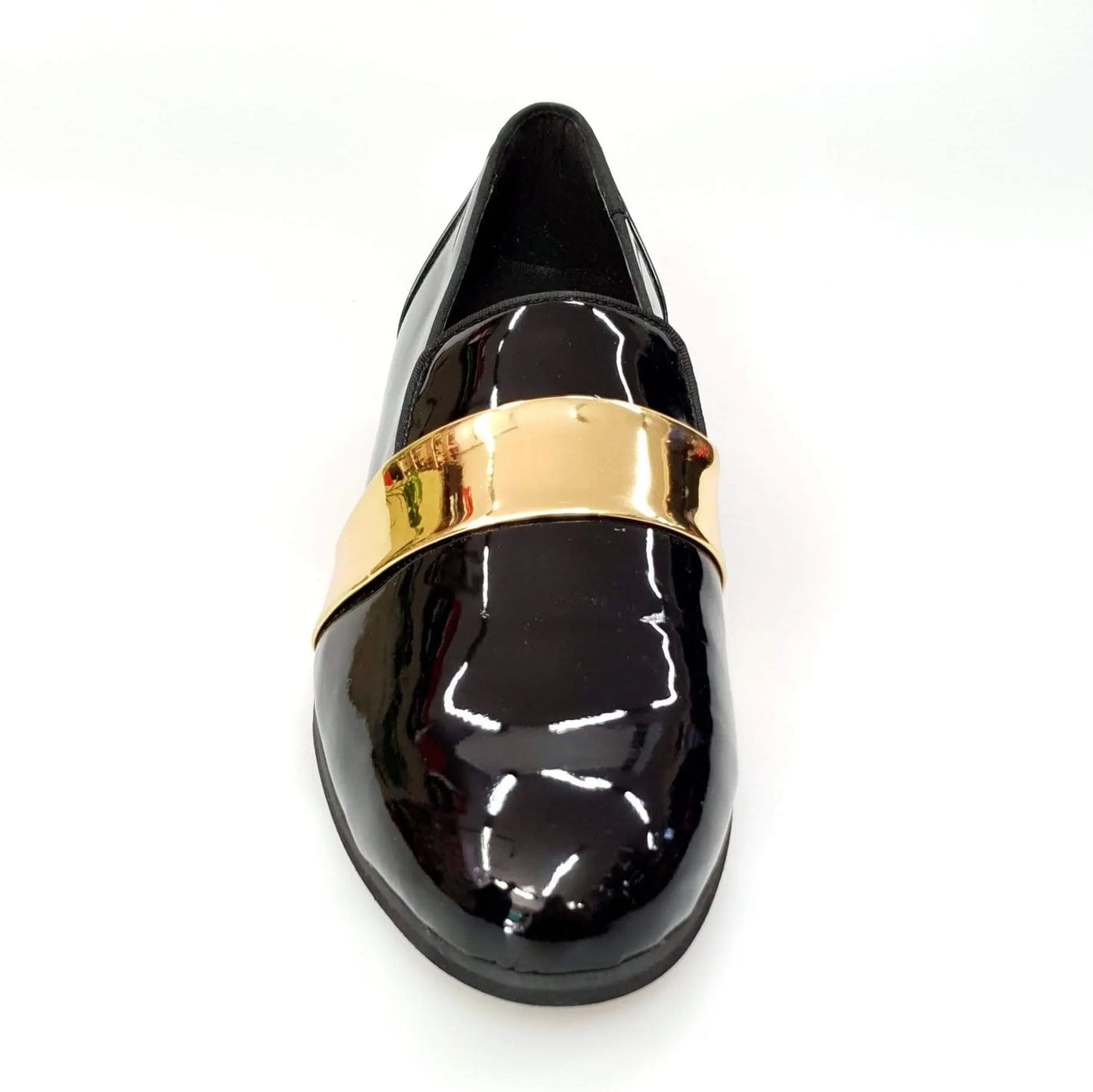 Mocassino uomo in pelle nera lucida con fascia oro, scarpa elegante in stile moccasino da Wish Dance Shop