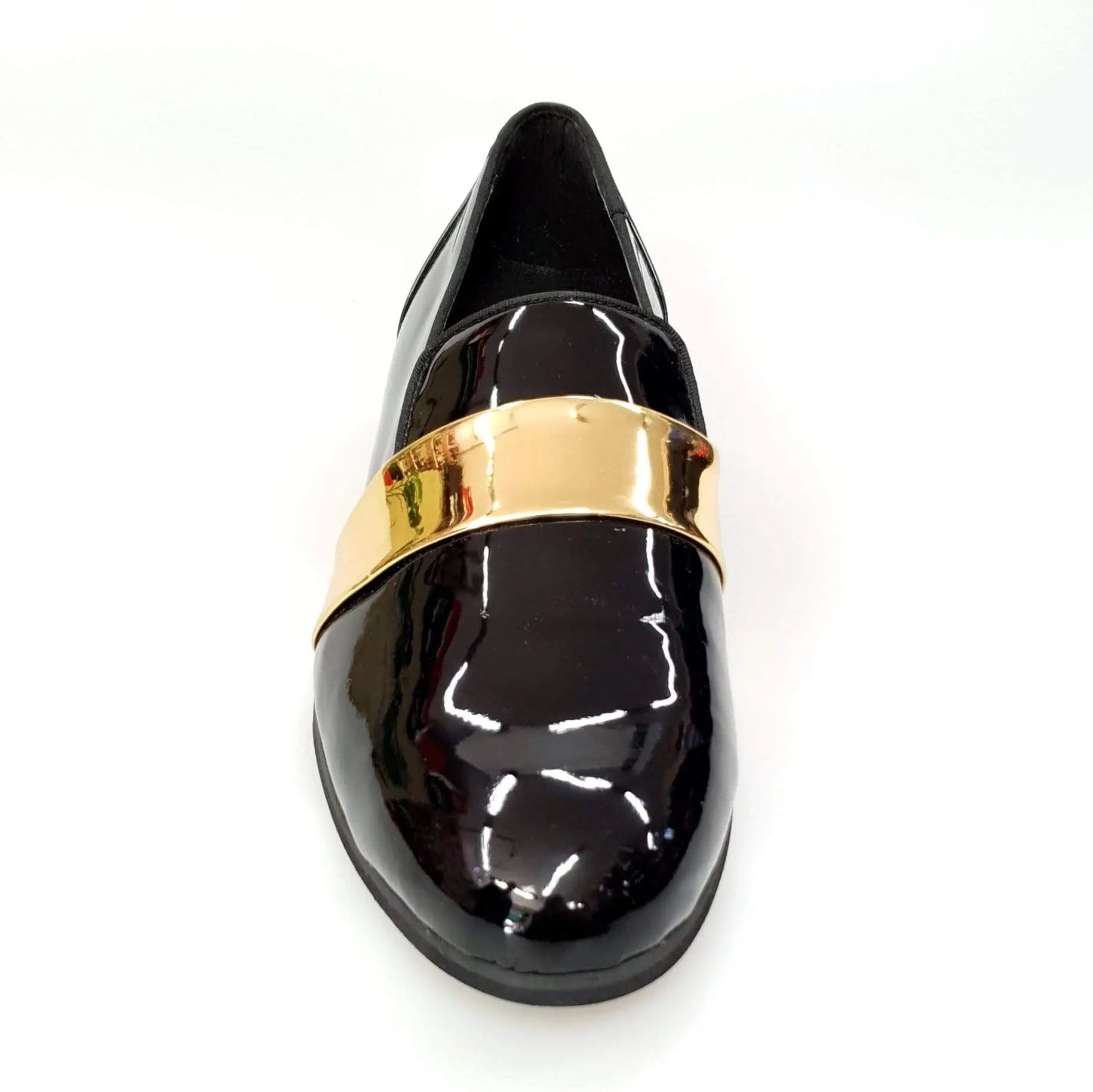 Mocassino uomo in pelle nera lucida con fascia oro, scarpa elegante in stile moccasino da Wish Dance Shop