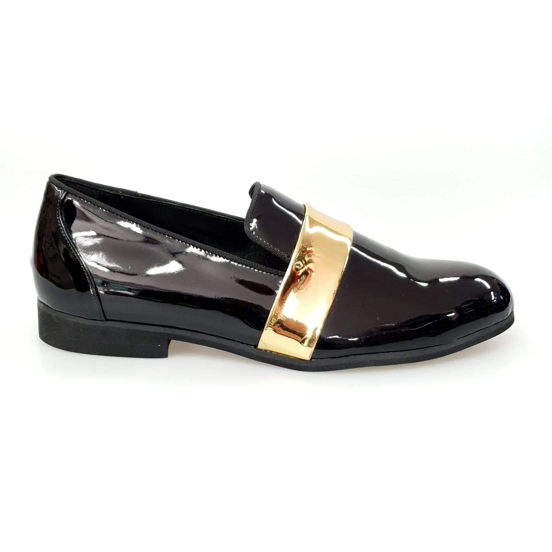 Scarpa mocassino uomo in pelle nera lucida con fascia oro, stile elegante e raffinato, brand Wish Dance Shop.