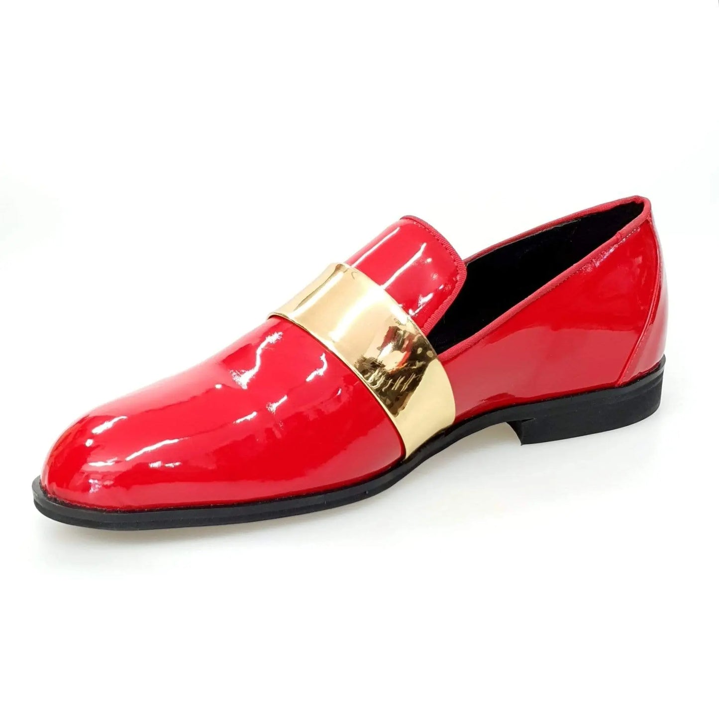 Mocassino Jackson in vernice rossa con fascia oro, foderato in vera pelle italiana, scarpe eleganti Wish Dance Shop