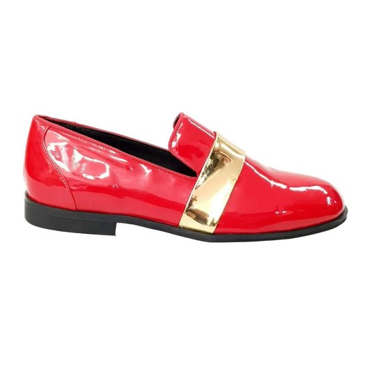 Mocassino Jackson in vernice rossa con fascia oro, foderato in vera pelle italiana, elegante e di alta qualità.