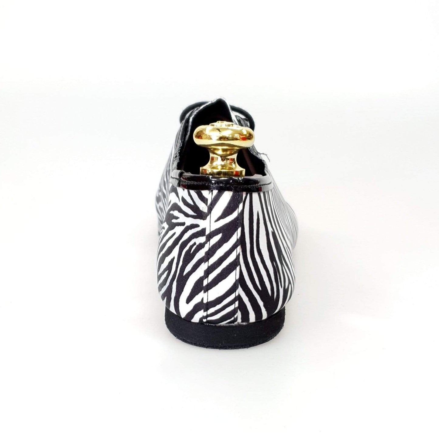 Scarpa Jazz Wish Dance Shop Jazz 03 in raso seta fantasia zebrata con profilo in vernice nera, elegante e originale.